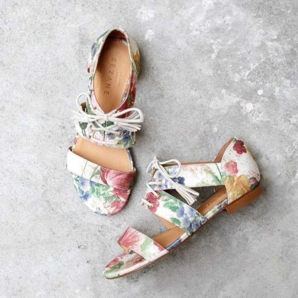 Sezane Ulysse Floral Sandal in Goat Leather, Size 40